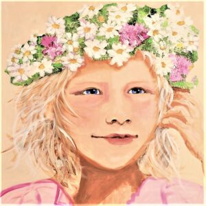 Midsommerpige maleri akryl på lærred 100x100cm samtidskunst