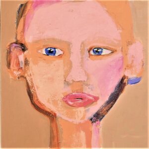 Maleri 50x50cm abstrakt ansigt pink brun blå