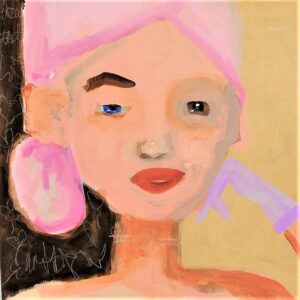 Maleri-unika-ægte-håndmalet-50x50cm-pige-med-pink-hår-brun-art-kunst-contemporary-moderne