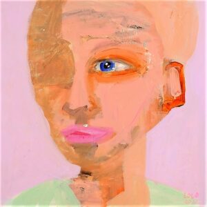 Abstrakt ansigt moderne kunst maleri 60x60cm i farvene skintone lilla pink lysegrøn pastel