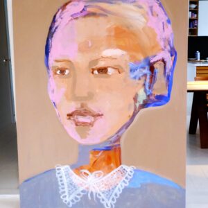 Billedet viser et maleri af et ansigt med mokka farvet baggrund og blondekrave 120 x 150 cm