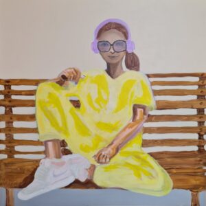 Cool-yellow-girl-Maleri-100x100cm-unika-håndmalet-galleri-smækker-moderne-kunst-contemporary-art